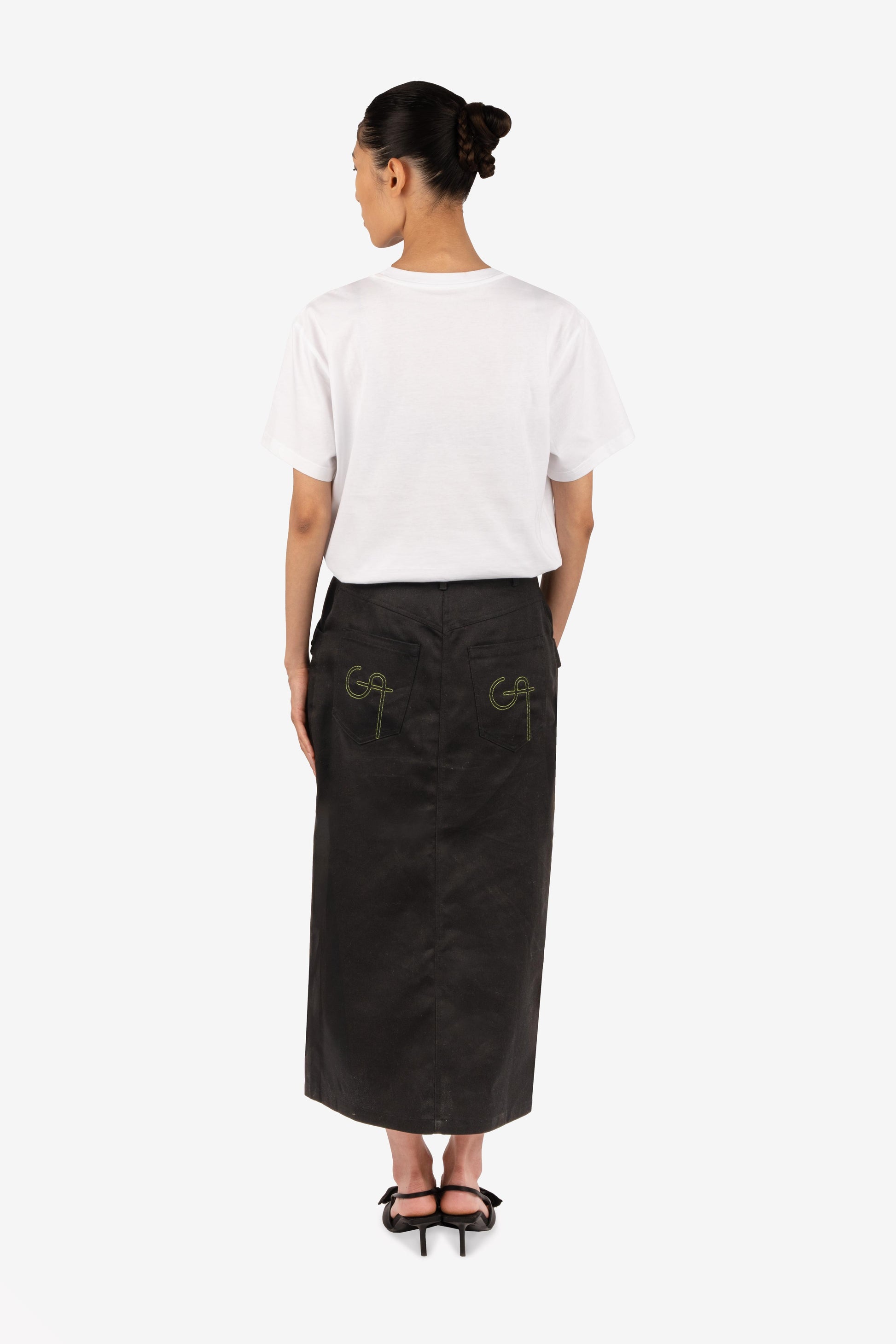 jupe midi taille haute noire dos
