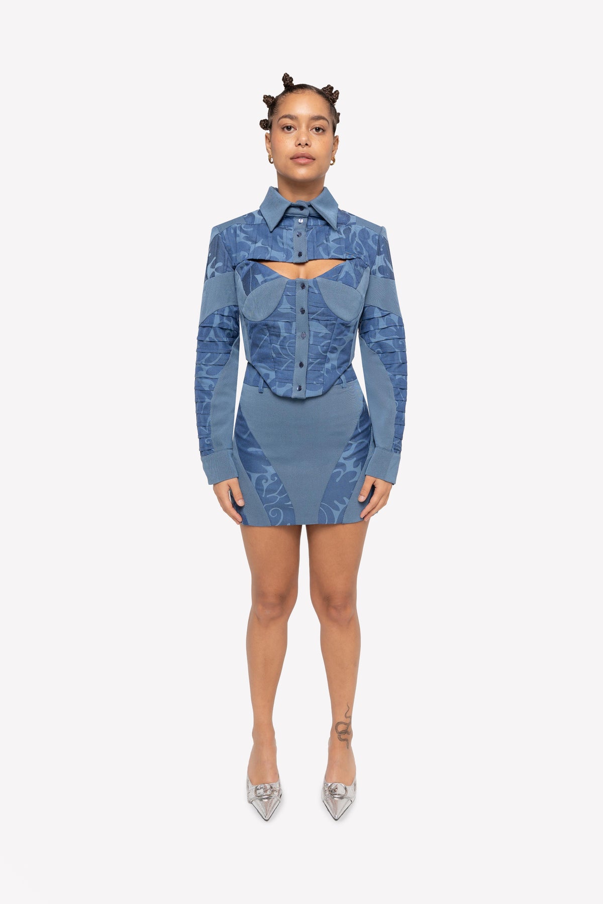 Look: Kim pintuck corset shirt and Dua high-waisted paneled skirt – worn, front view