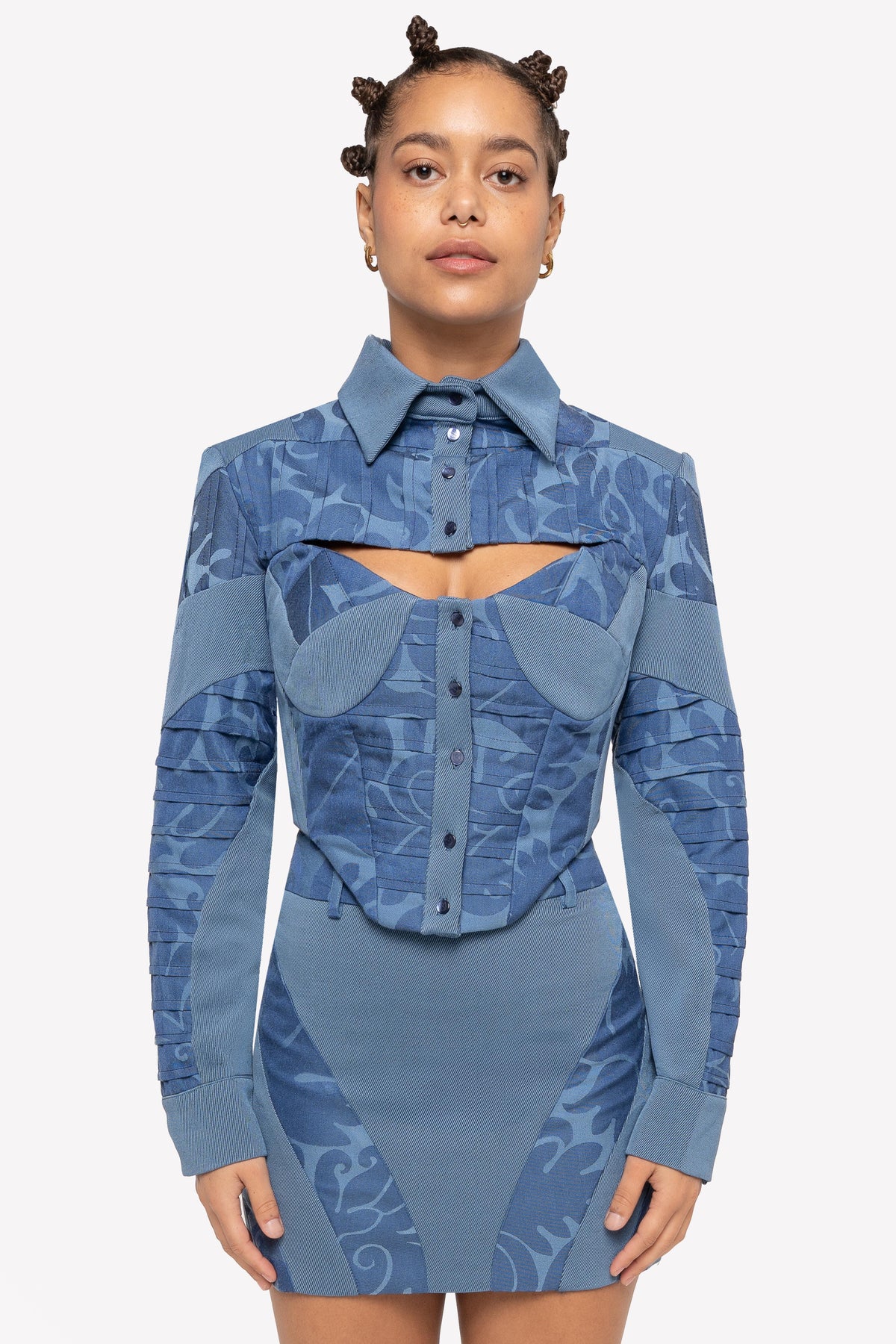Look: Kim pintuck corset shirt and Dua high-waisted paneled skirt – close-up, front