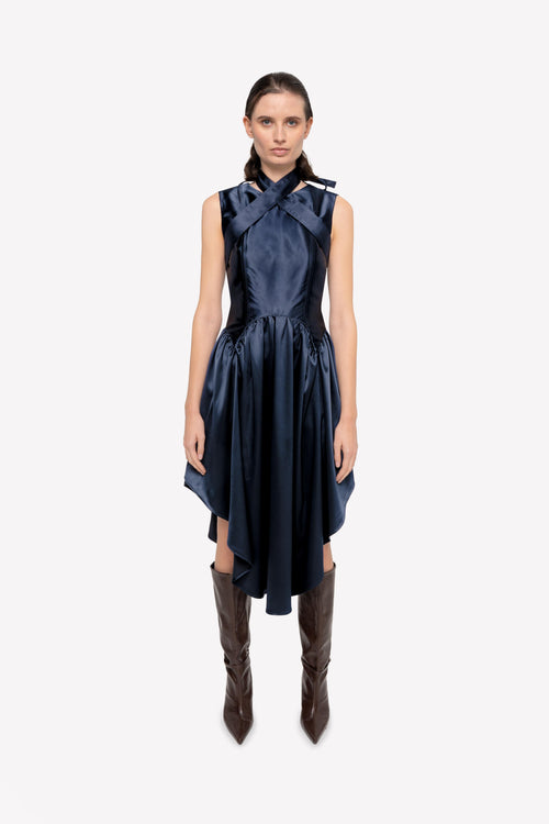 Caroline godet midi dress – worn, front view