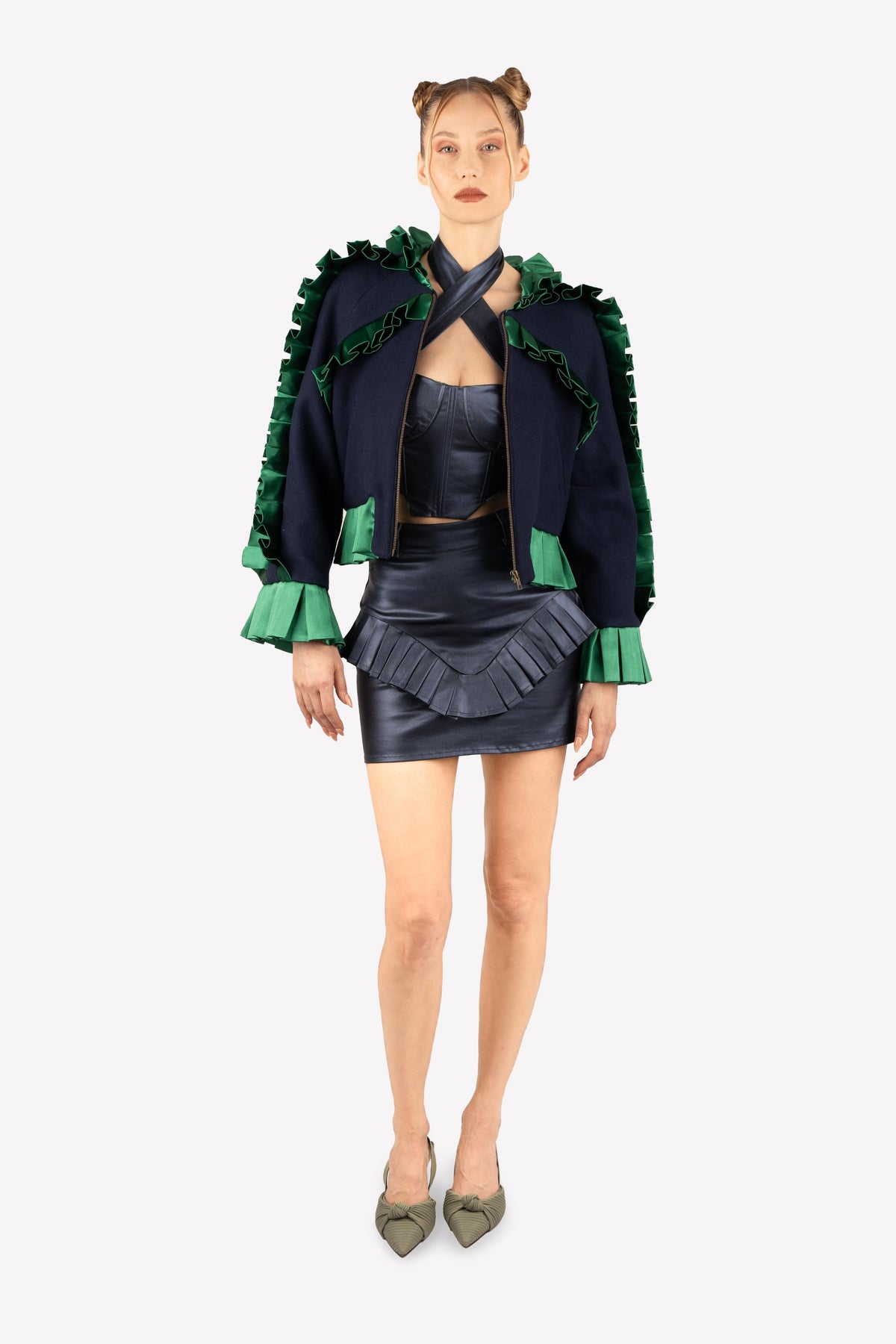 Elsa pleated bomber jacket – worn, front view