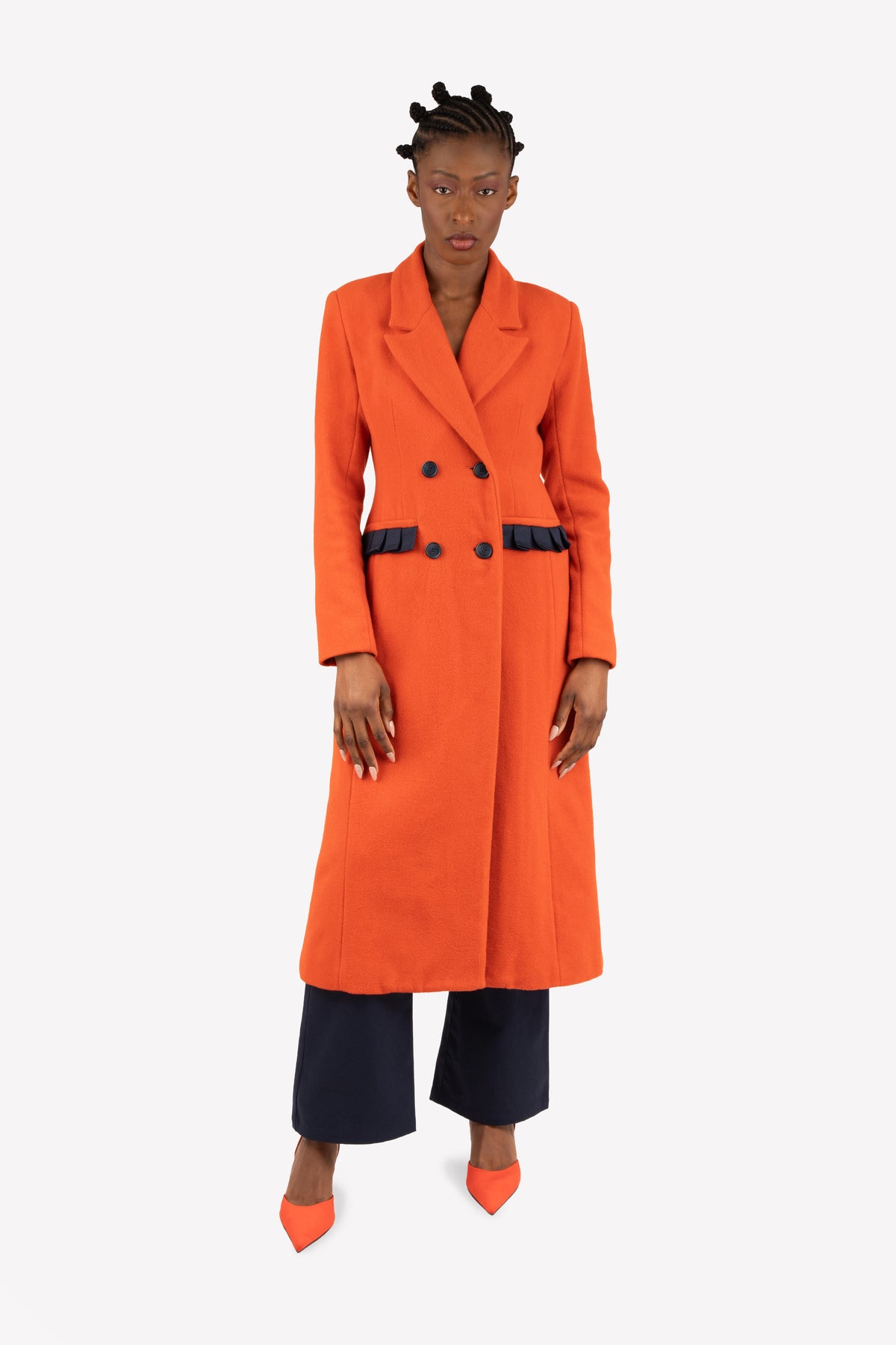 Cari orange hourglass coat – worn, front view