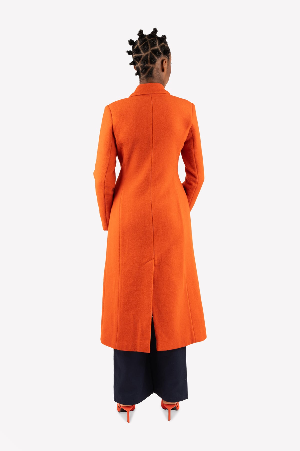 Cari orange hourglass coat – worn, back view