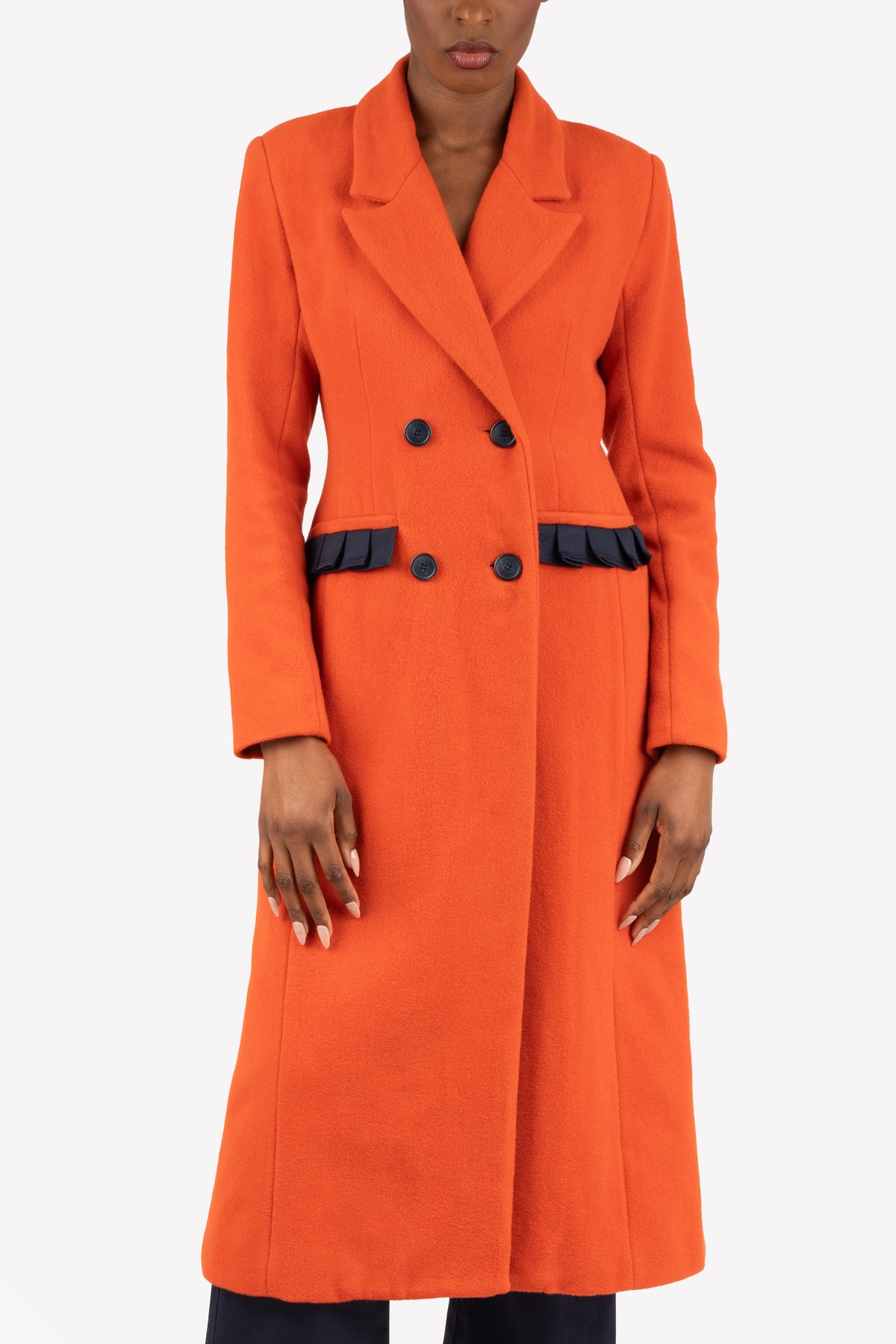 Cari orange hourglass coat – close-up, front