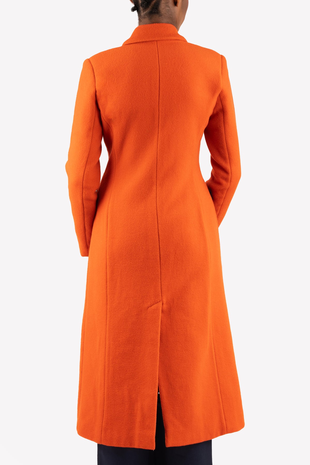 Cari orange hourglass coat – close-up, back