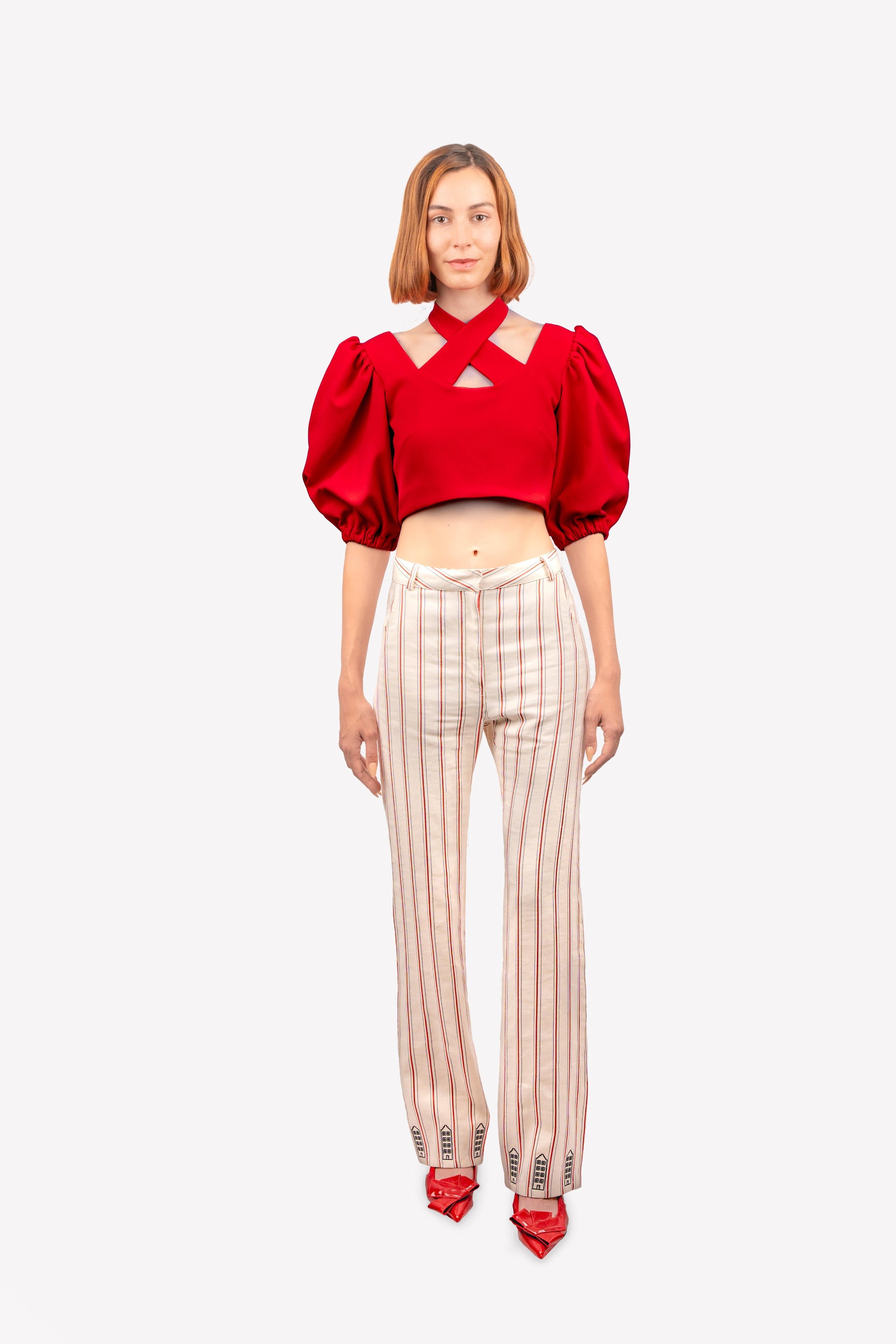 Pantalon taille haute imprimé rayures broderies amsterdam