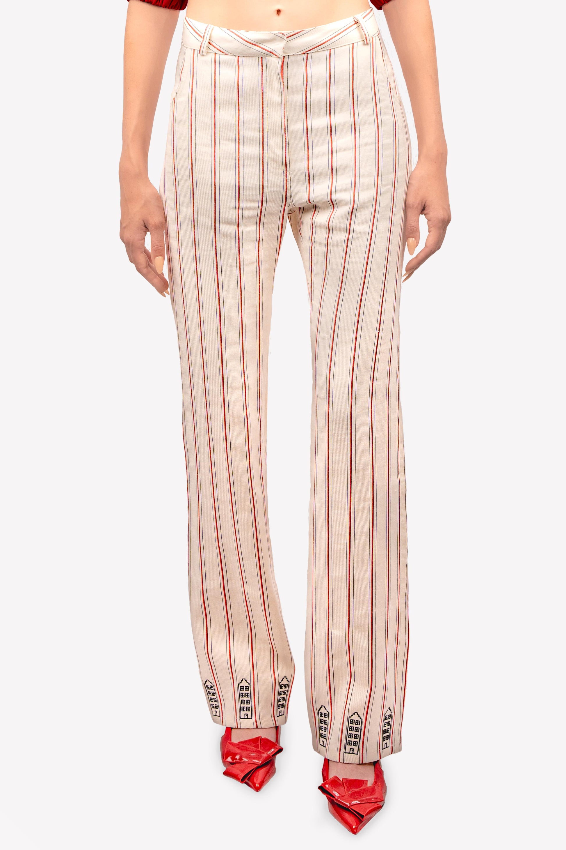 Pantalon taille haute imprimé rayures broderies amsterdam