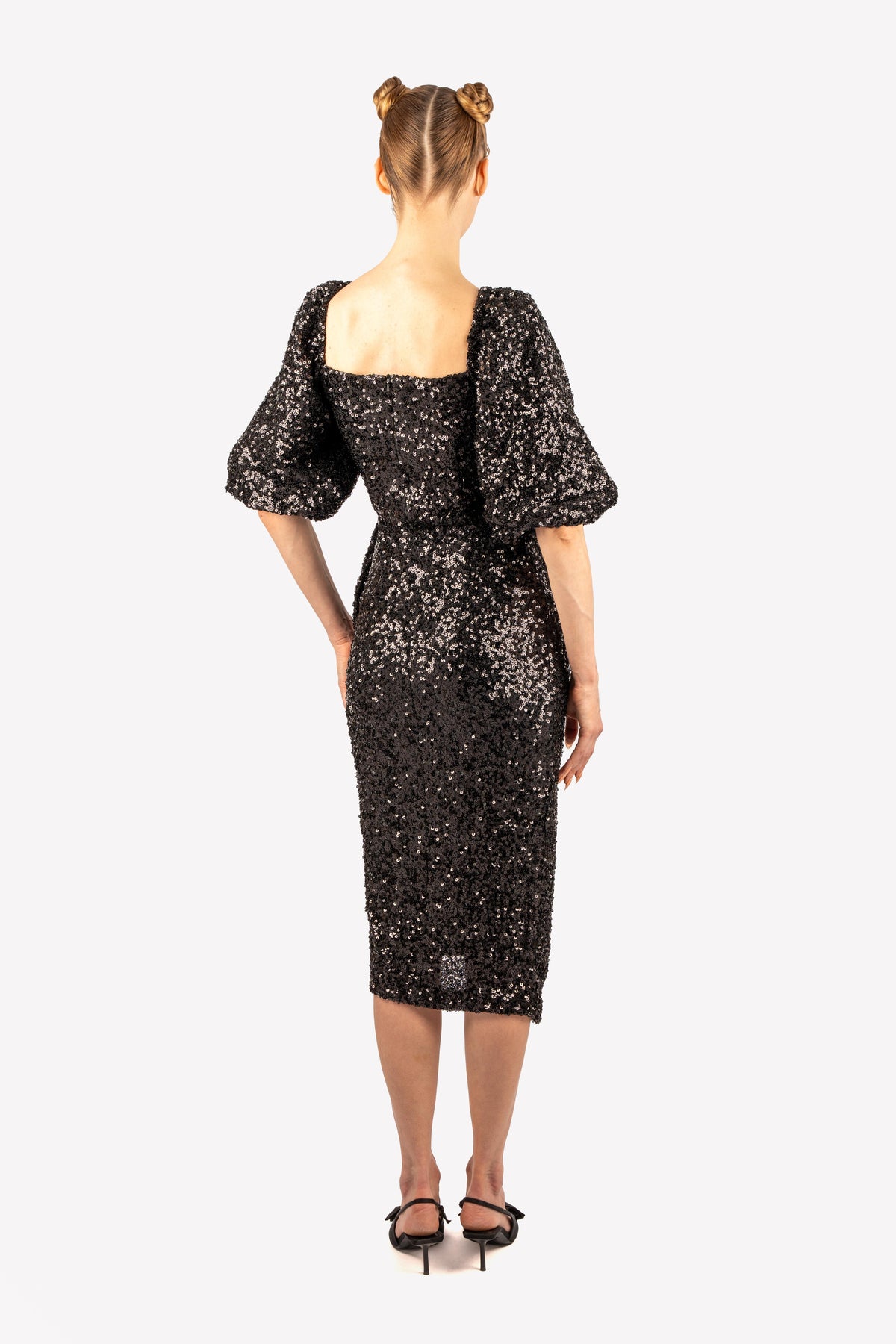 Rebecca black sequin midi dress – worn, back view