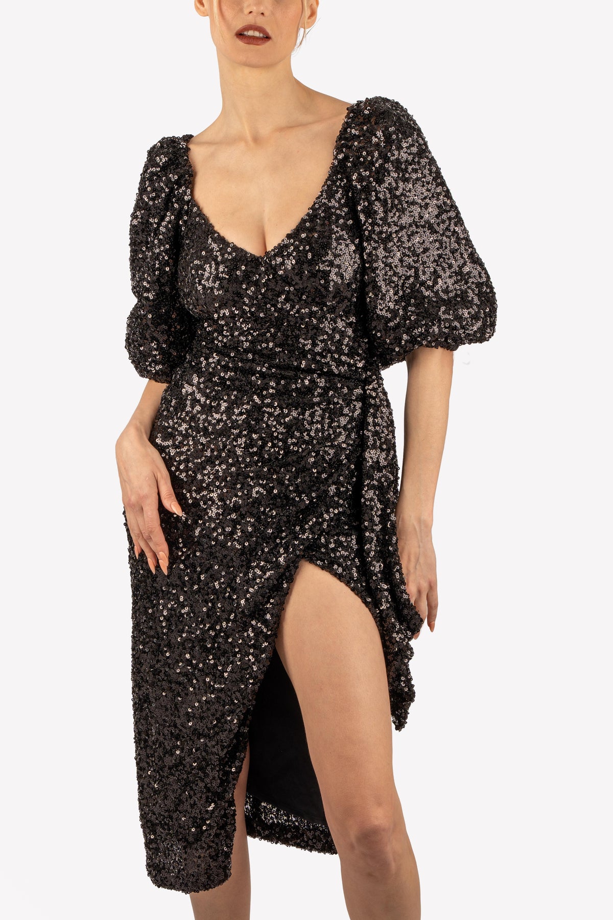 Rebecca black sequin midi dress – close-up, front