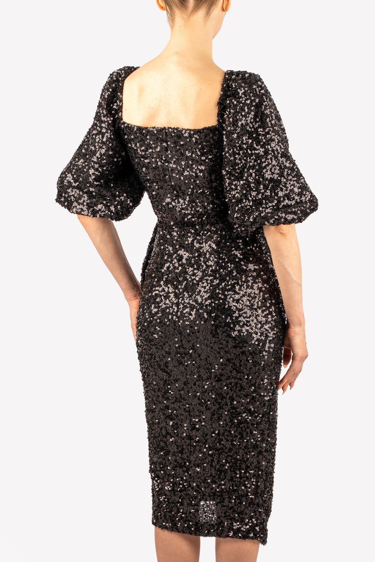 Rebecca black sequin midi dress – close-up, back