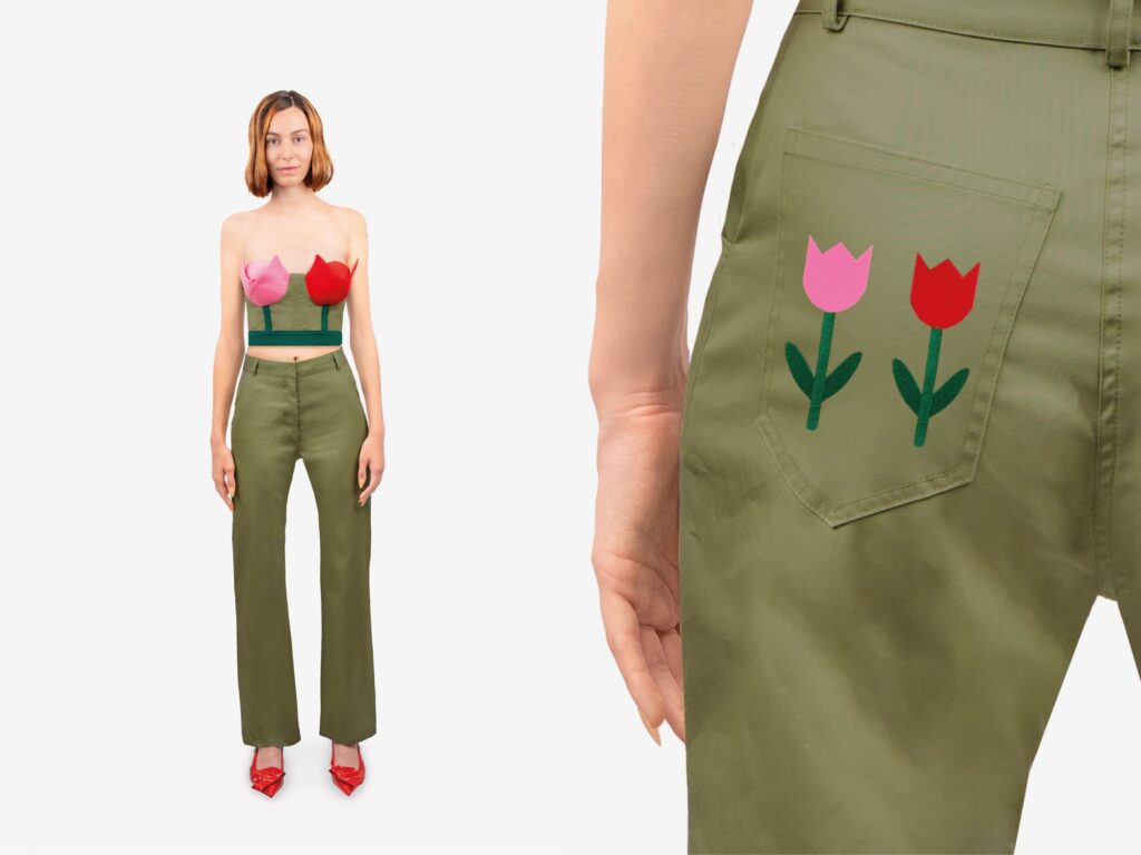 Couleurs-naturelles-Pantalon-taille-haute-vert-olive-avec-broderies-tulipes