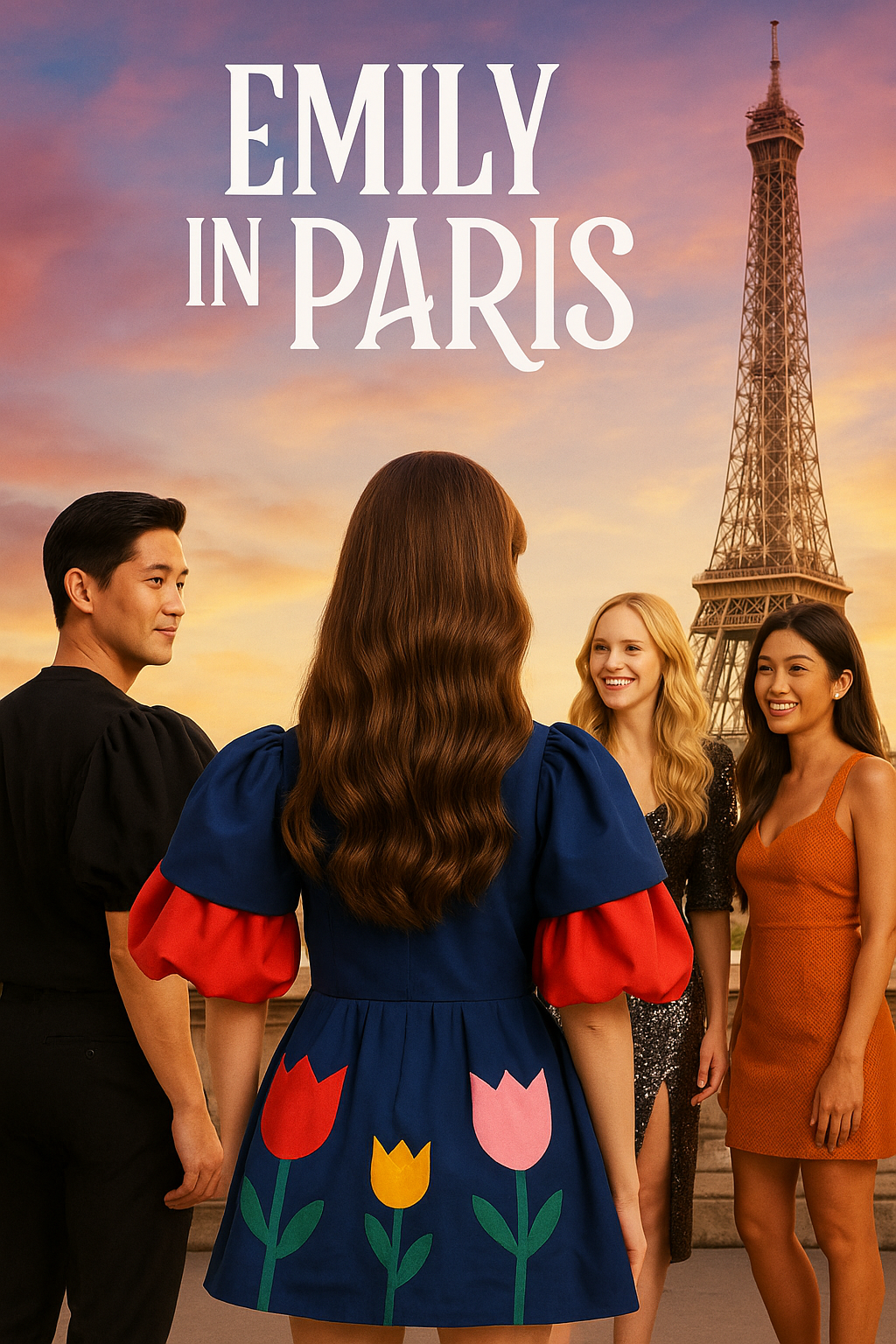 Emily de dos en robe fleurie, face à trois amis, devant la Tour Eiffel au coucher du soleil.