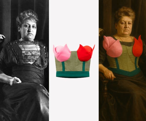 Aletta Jacobs porte un bustier tulipe et un pantalon vert taille haute