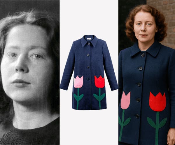 Hannie Schaft porte un manteau tulipe bleu marine upcyclé et made in France