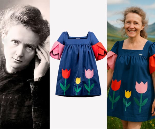 Marie Curie porte une robe ballons avec des broderies et manches tulipes
