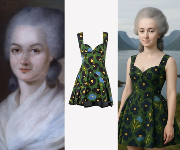 Olympe de Gouges porte une robe fleurie, upcyclée et made in France