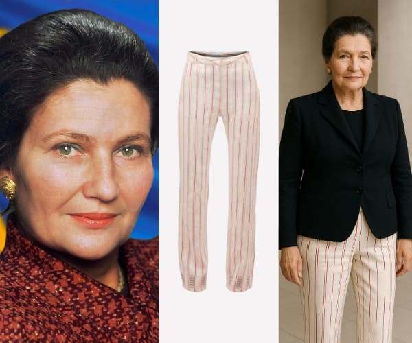 Simone Veil porte un pantalon taille haute rayé made in France