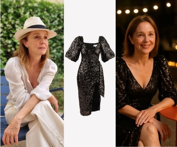 Sylvie Grateau passe d’un look décontracté à une allure de soirée sophistiquée en robe noire à sequins.