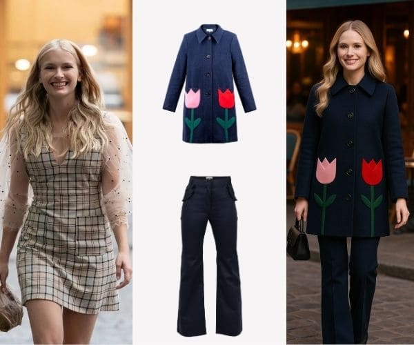 Camille souriante dans la rue, aux côtés d’un ensemble manteau et pantalon bleu nuit fleuri, porté élégamment en soirée.
