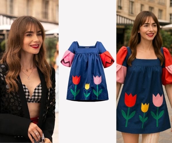 Emily Cooper porte une robe fleurie colorée dans les rues de Paris,