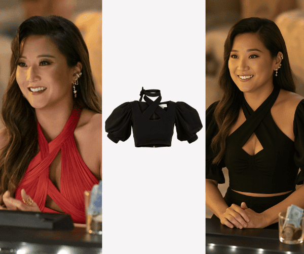 Mindy Chen sourit en soirée, entourant un top noir à manches bouffantes présenté au centre.